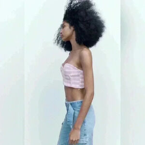 ✨🆕Zara🆕✨ | Purple, pink and white mini gingham checkered tweed tube  top